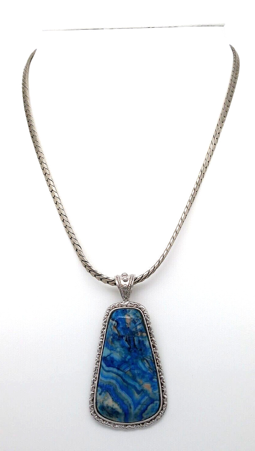 Napier Blue Stone Pendant Herringbone Chain Necklace Silver Tone Metal Shiny!