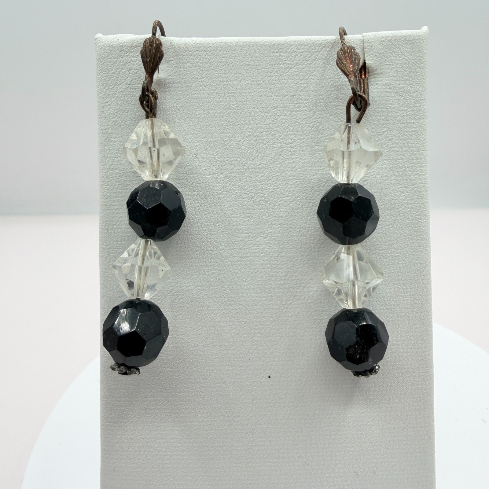Vintage Black Clear Crystal Bead Necklace Bracelet Dangle Earrings Matching Set