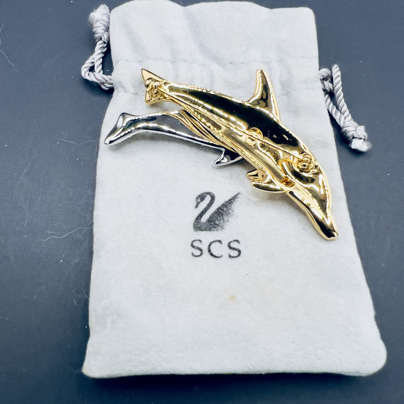 Vintage Swarovski Rhinestone Brooch Pin Dolphins Swan logo Preowned