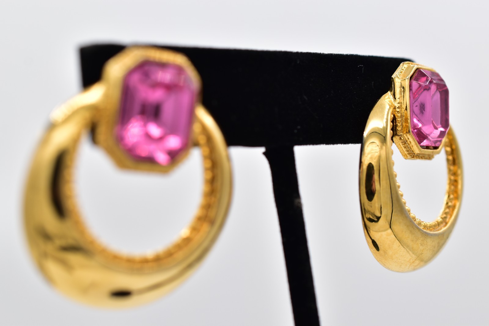 VIntage Pink Baguette Crystal Earrings Drop Dangle Gold Tone Chunky 1980s BinAI