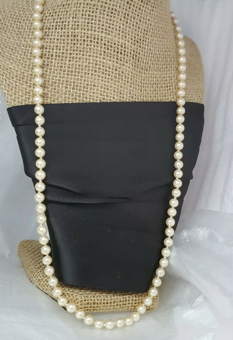 Vintage Hand Knot Ivory Creamy Glass Faux Pearl Single Strand 24 Inch Necklace