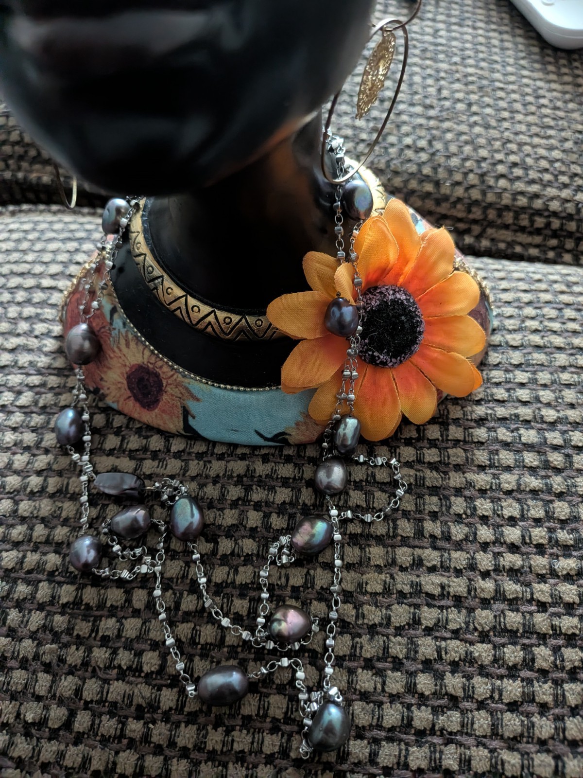 Long vintage black gray and white baroque natural pearl sterling silver necklace