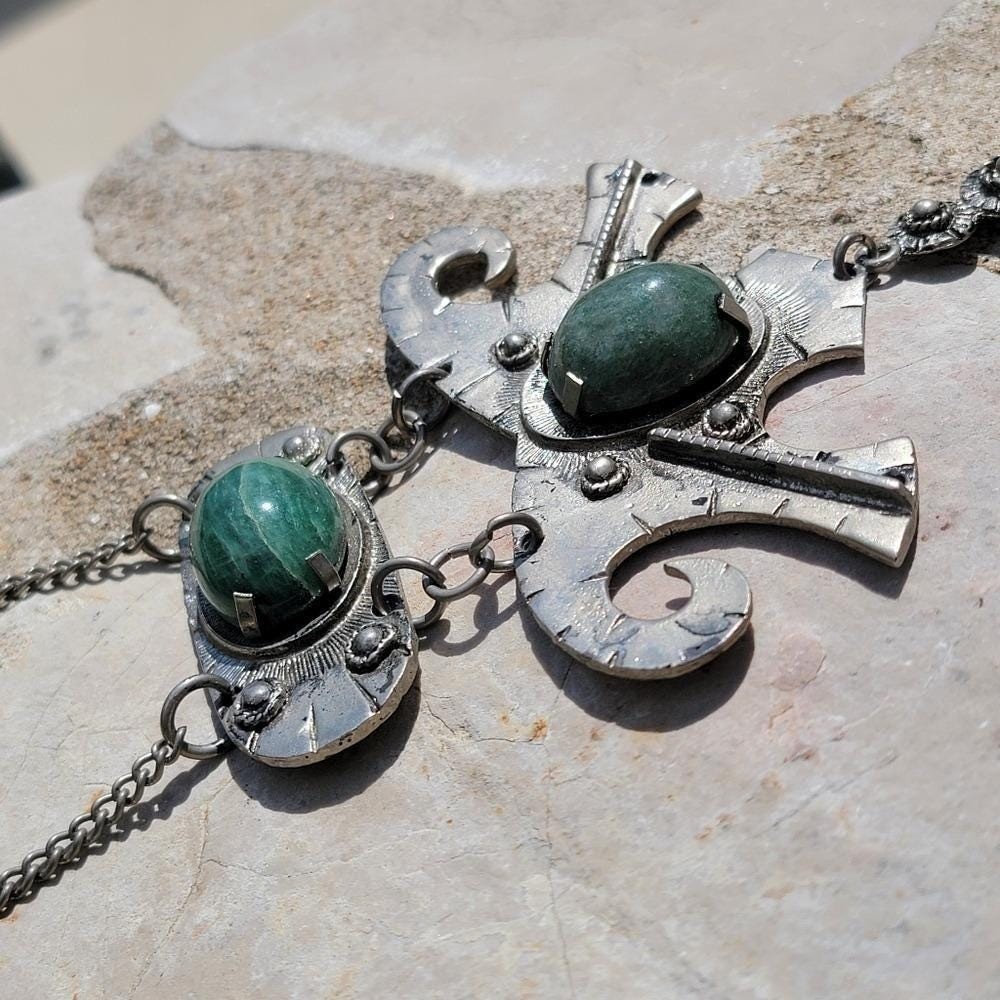 Vintage Made in Brazil Statement Necklace Green Cabochon Silver Tone Pendant 6″