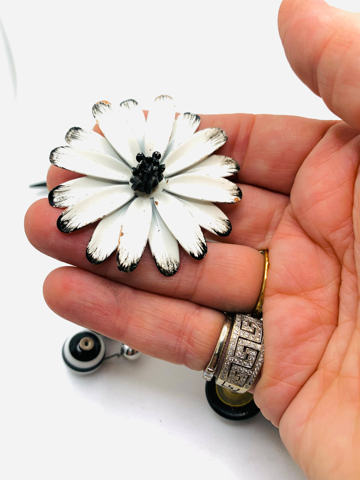 Lot 8 Dramatic 1960s-1980s Plastic Resin Metal Black & White Earrings & Brooches