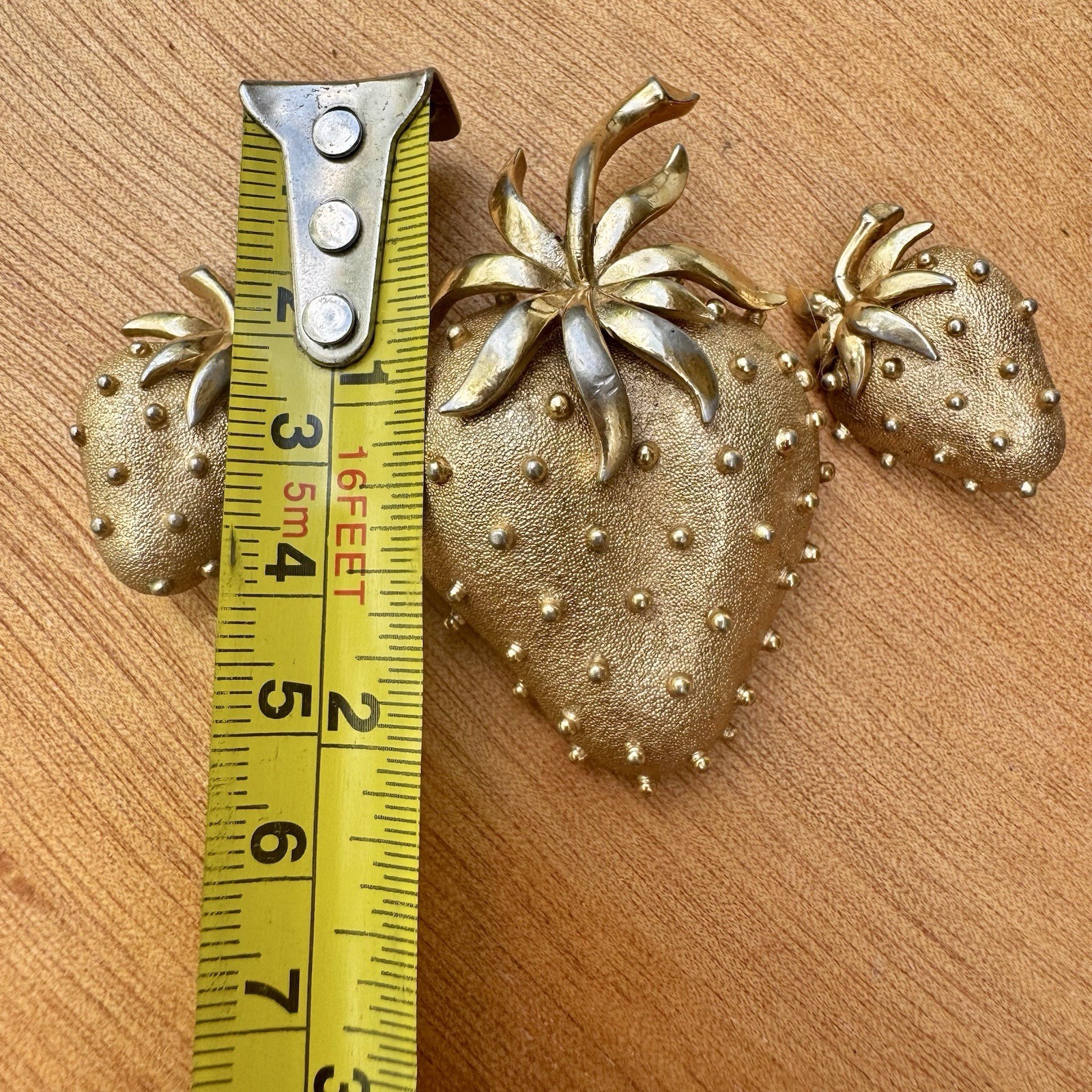Vintage Trifari Strawberry Brooch Pin & Clip Earrings Set Gold Tone Costume