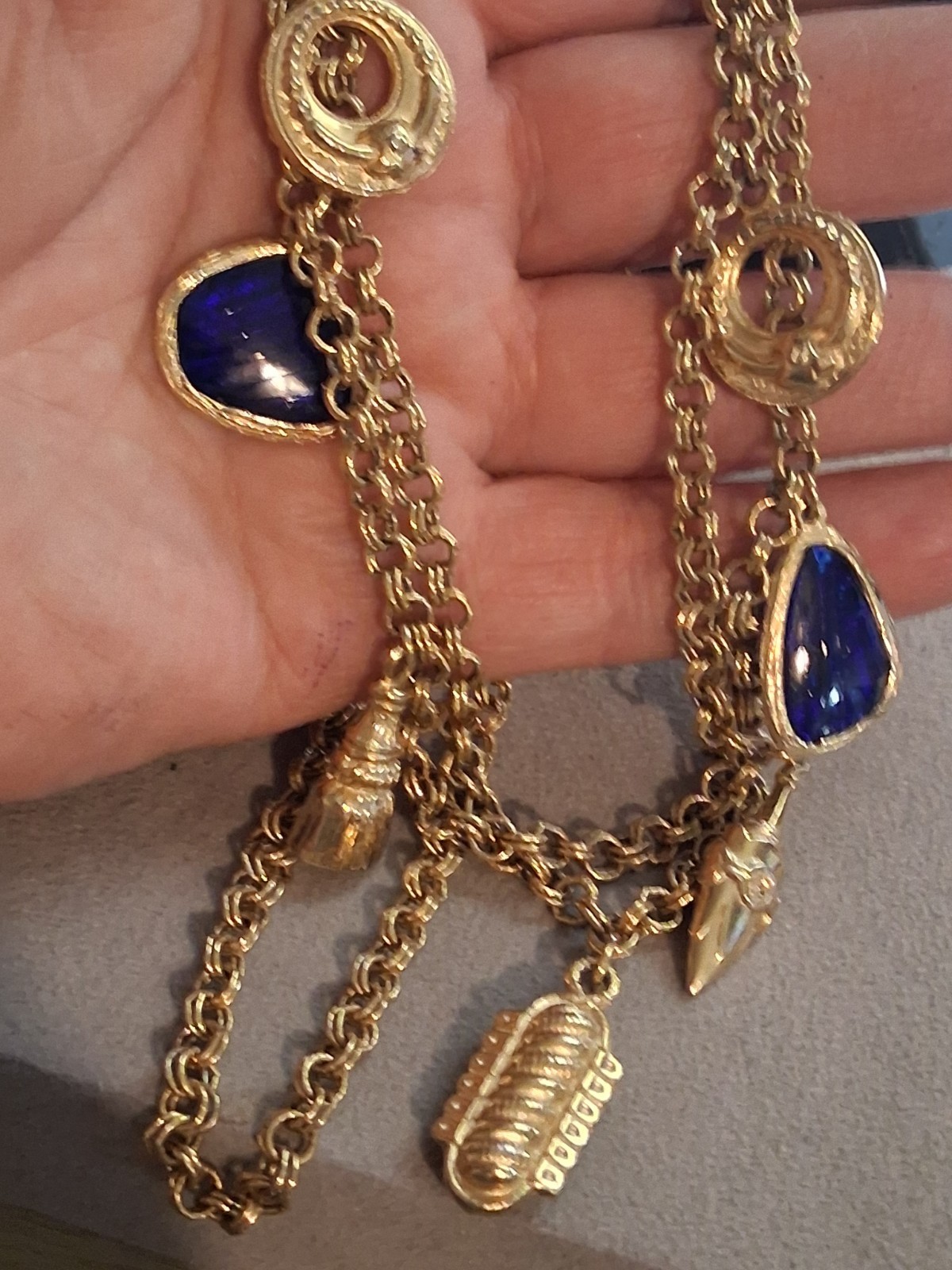 Cobalt blue poured glass dangle drop charm double strand necklace, vintage, 24″