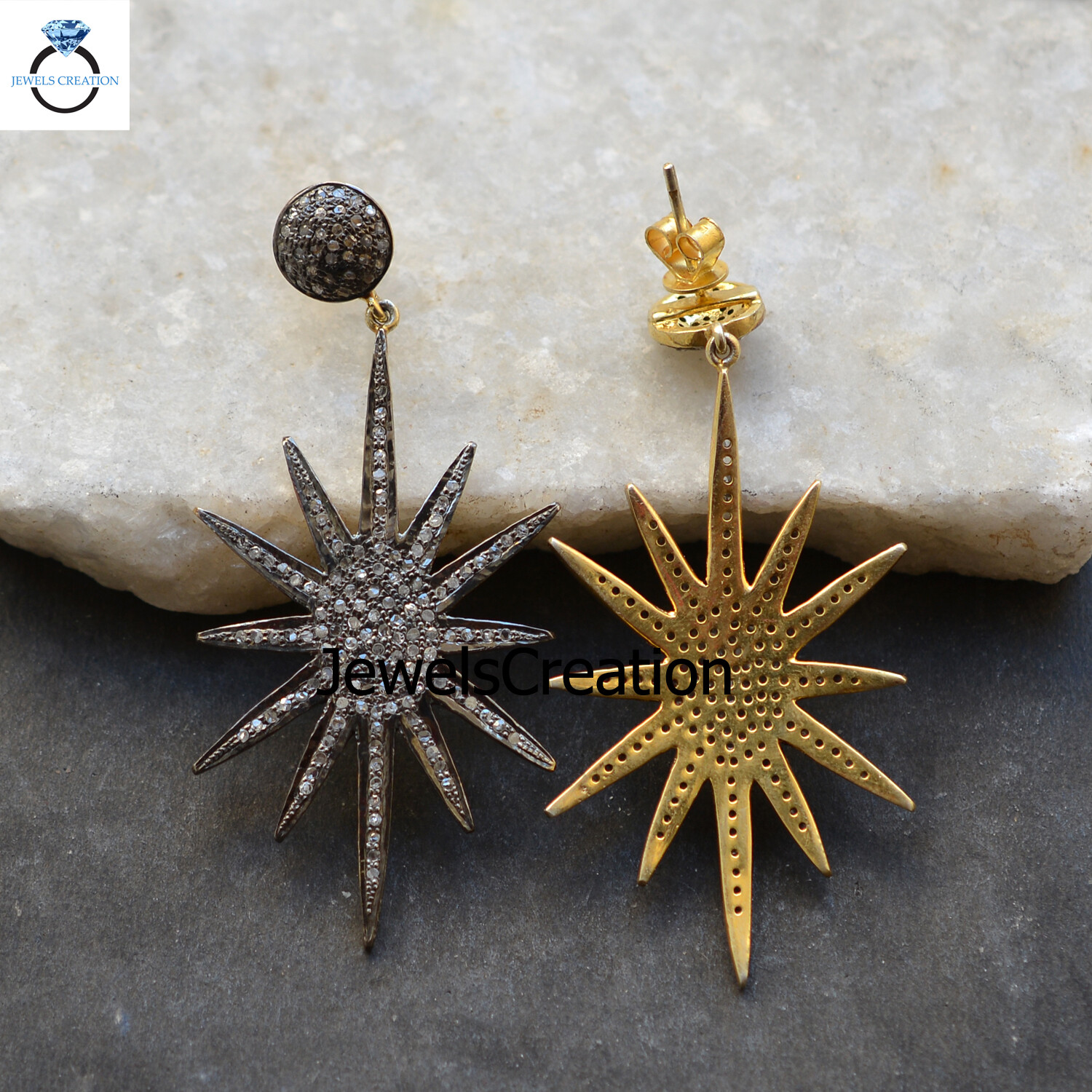 Genuine Pave Diamond 925 Silver Earrings Yellow Gold Vermeil Star Shape Jewelry