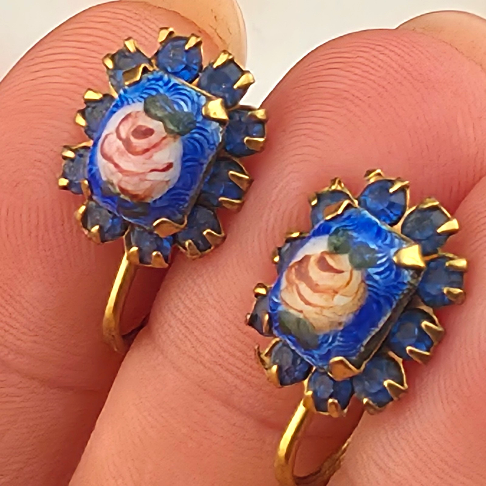 Lil 12mm Vintage Royal Blue Guiloche Enamel Rose Rhinestone Screw Back Earrings