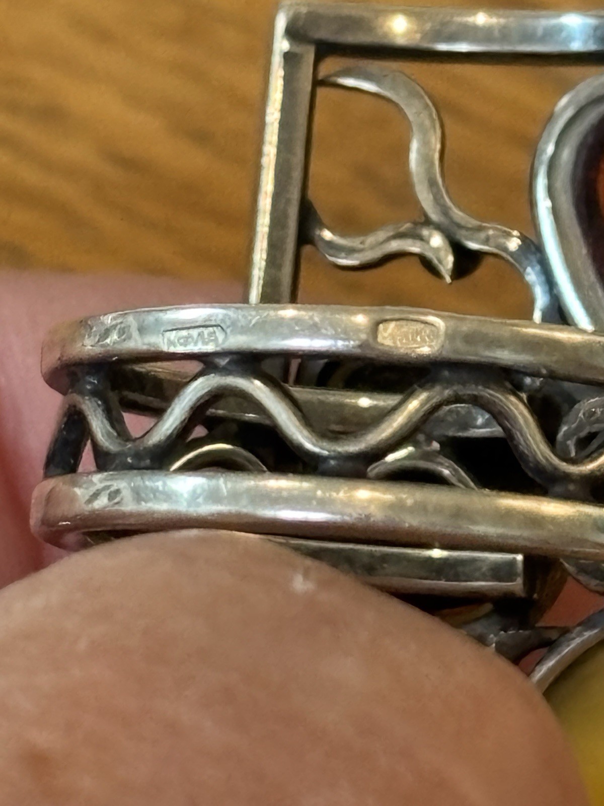 Vtg. HALLMARKED 925 Head Facing Right STERLING SILVER AMBER RING Hand Made 7.5