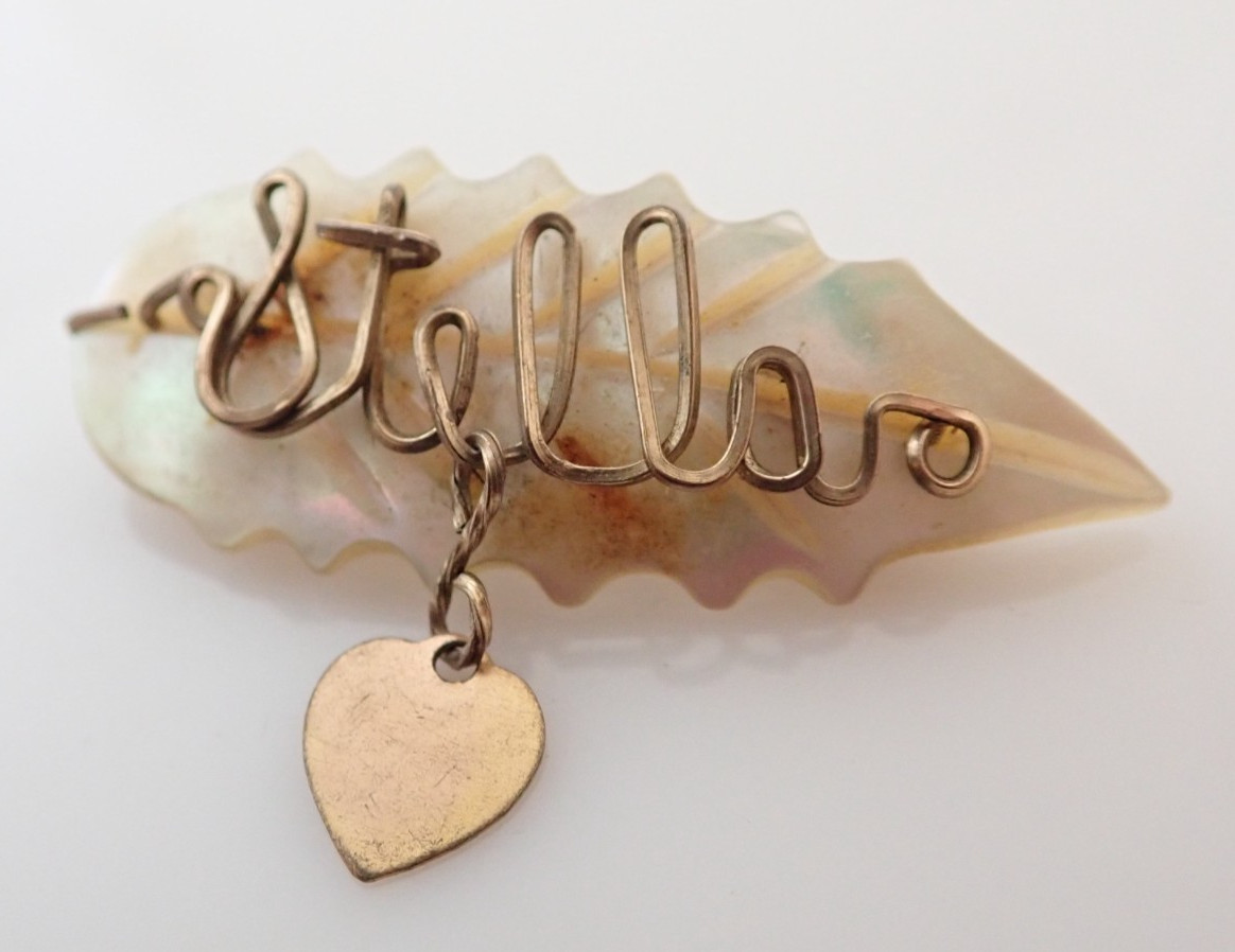 Vintage Gold Filled Wire Mother of Pearl MOP Name “Stella” Leaf Heart Brooch Pin