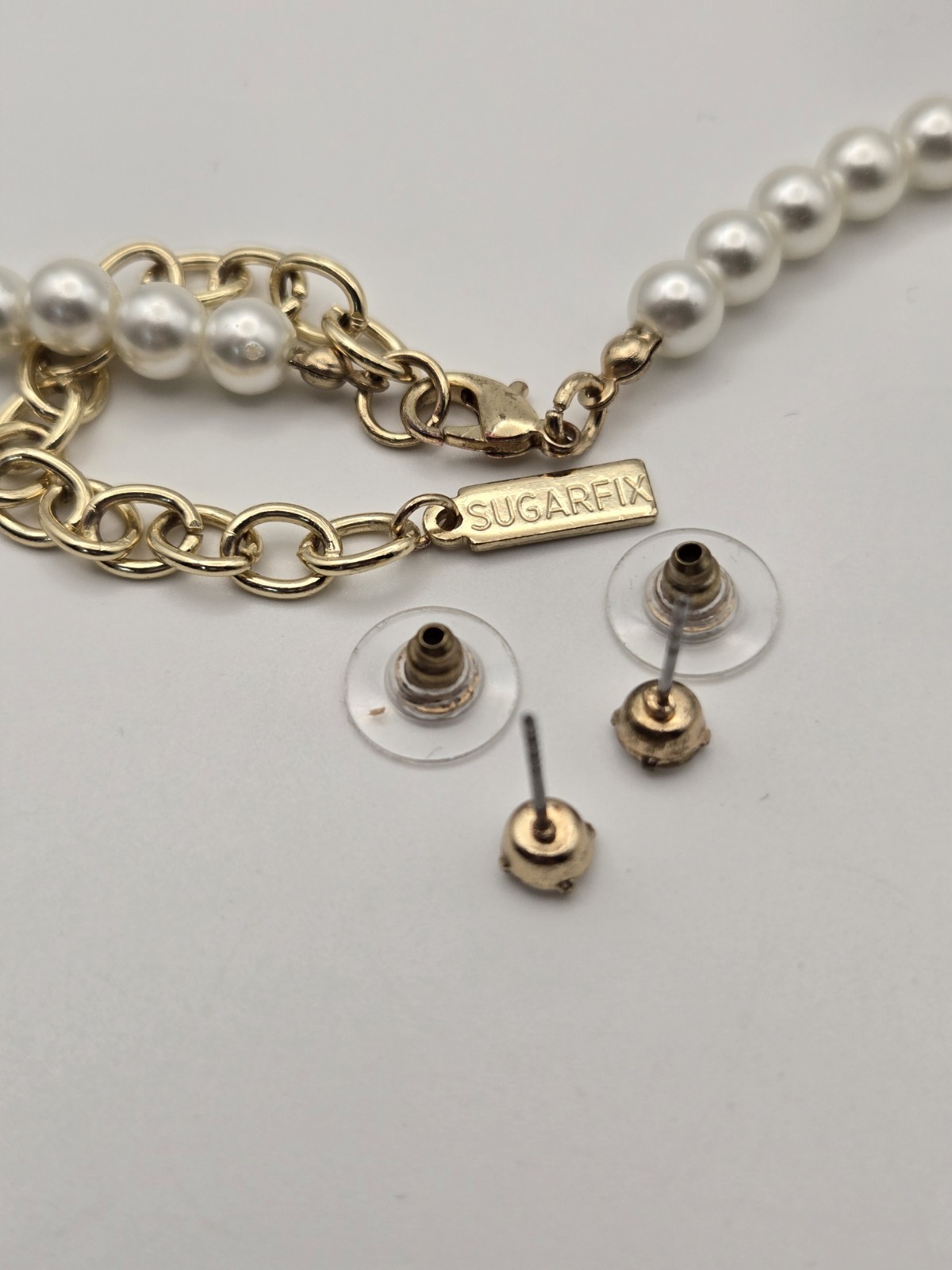 Sugarfix Pearl Bow Necklace 19″ Coquette Balletcore Rhinestone Feminine + Studs