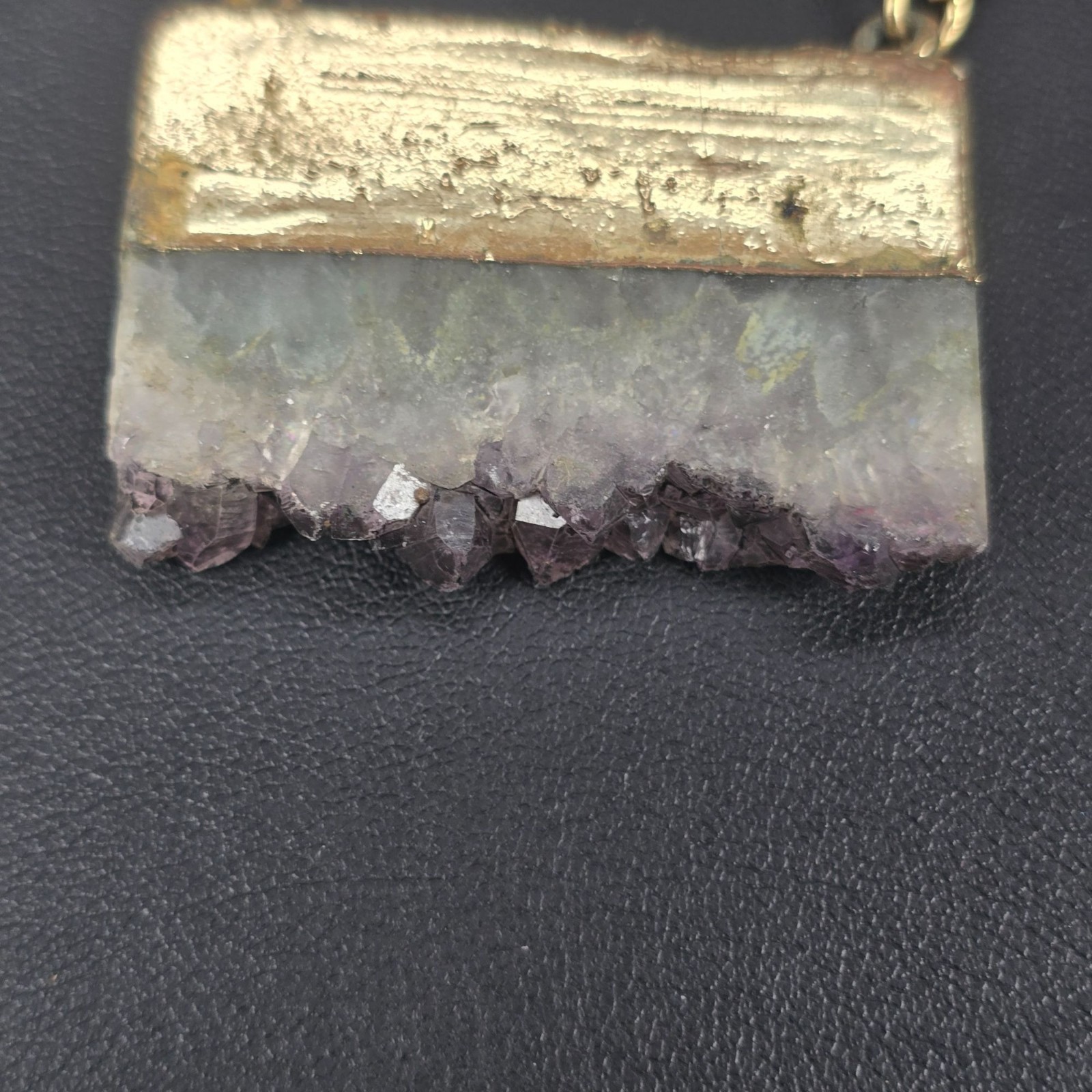 Cool Vintage Yochi Necklace Amethyst Gemstone Geode Slab Pendant Gold Tone Chain