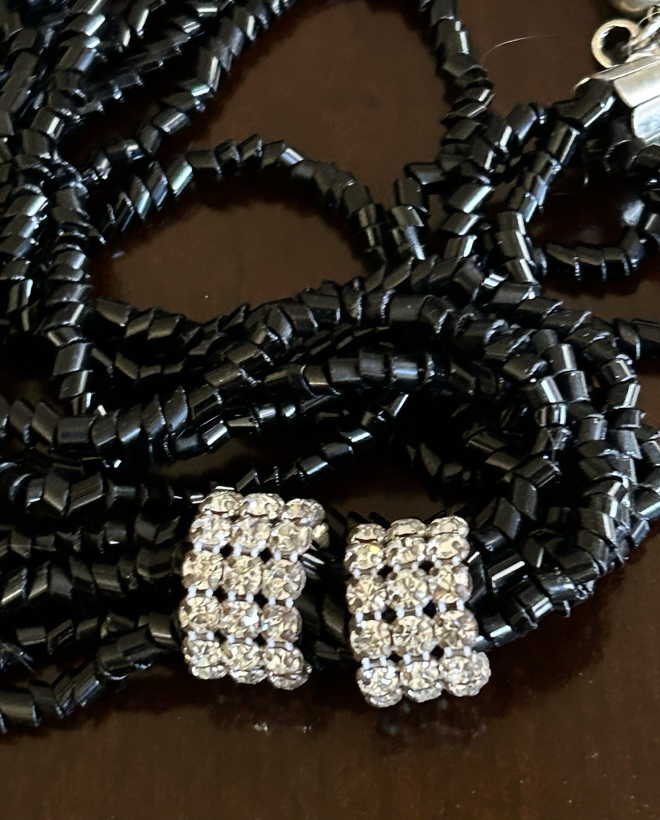 Vintage Black Glass Necklace Multi Five Strand Rhinestone Wrap Gantos Orig Tag