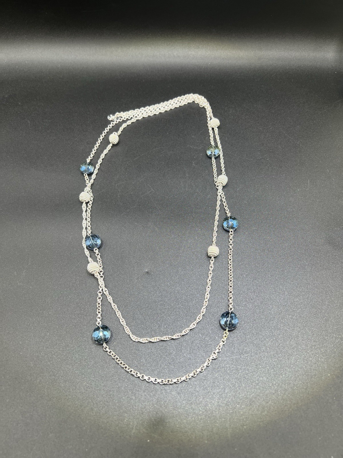 Vintage Monet, Silver Tone, Blue Aurora Borealis, 2 Strand Statement Necklace