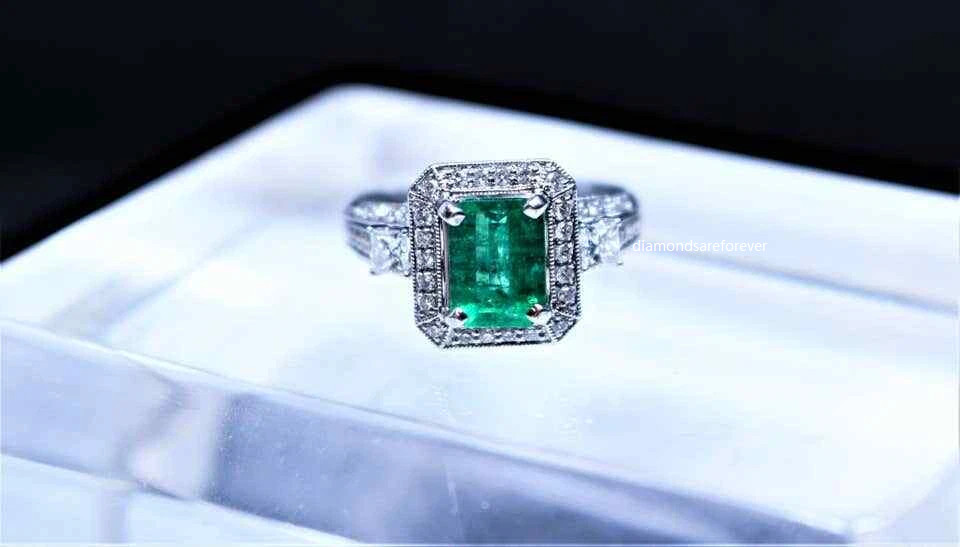 Features A Stunning Emerald Cut Emerald With Old European Cut CZ Classic Ring FN