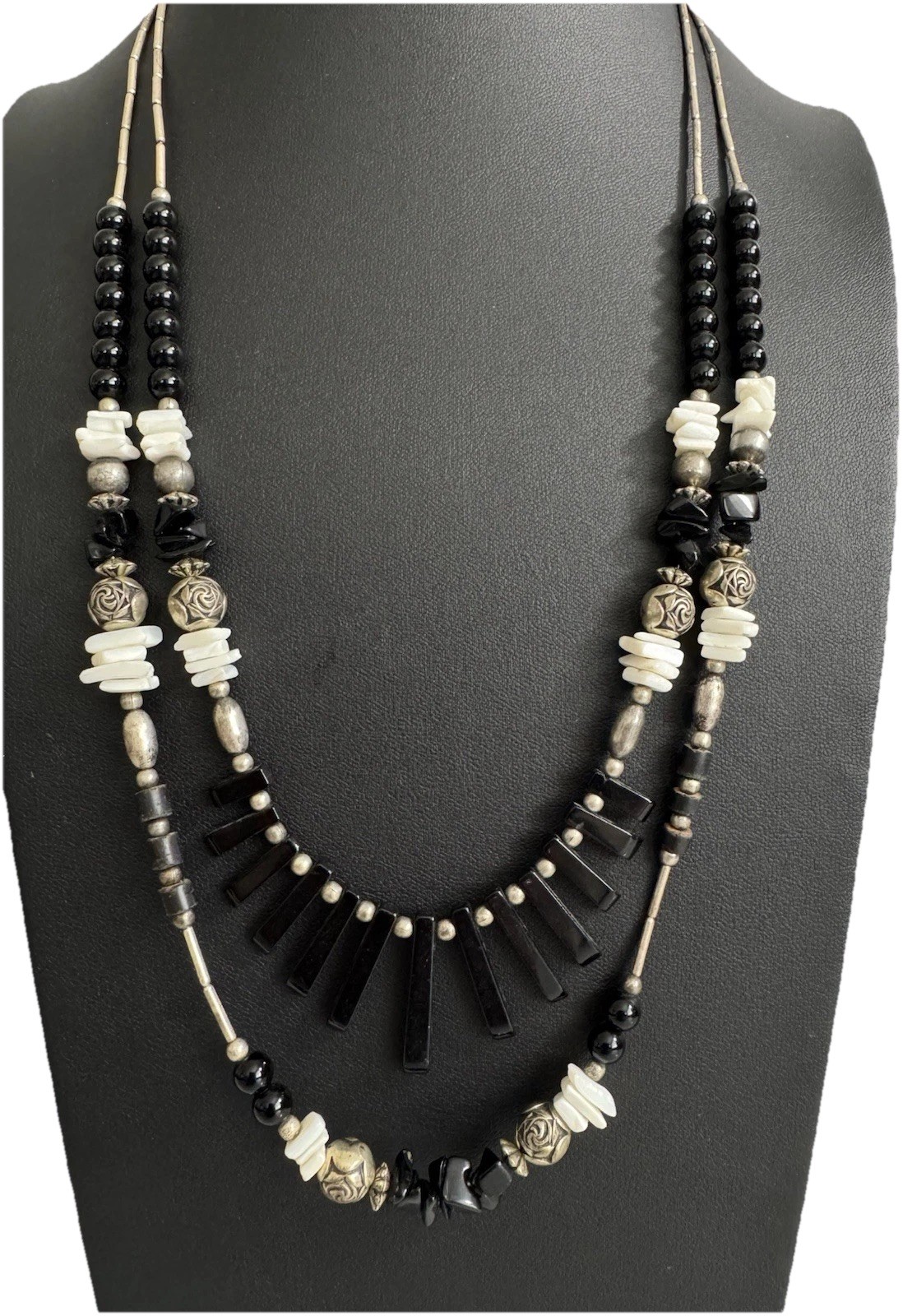 Vtg Silver Tone Liquid Silver Black Onyx Bead & Fringe 2-Strand Layered Necklace