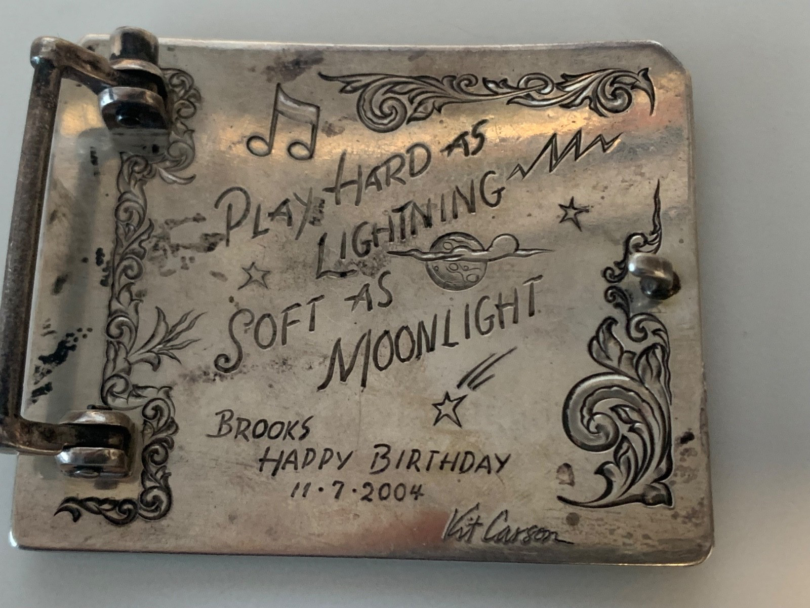 Vintage Signed Kit Carson Sterling Silver Fender Guitar Belt Buckle