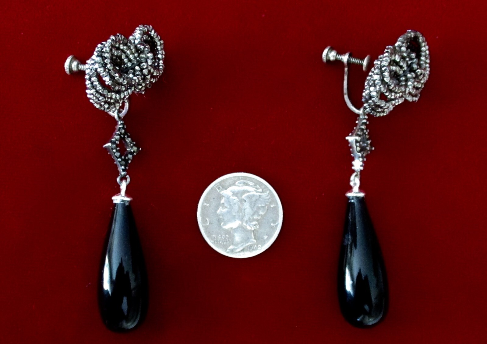 Pair of Antique 2 1/2-Inch Cut Steel & Black Glass Screw Back Earrings