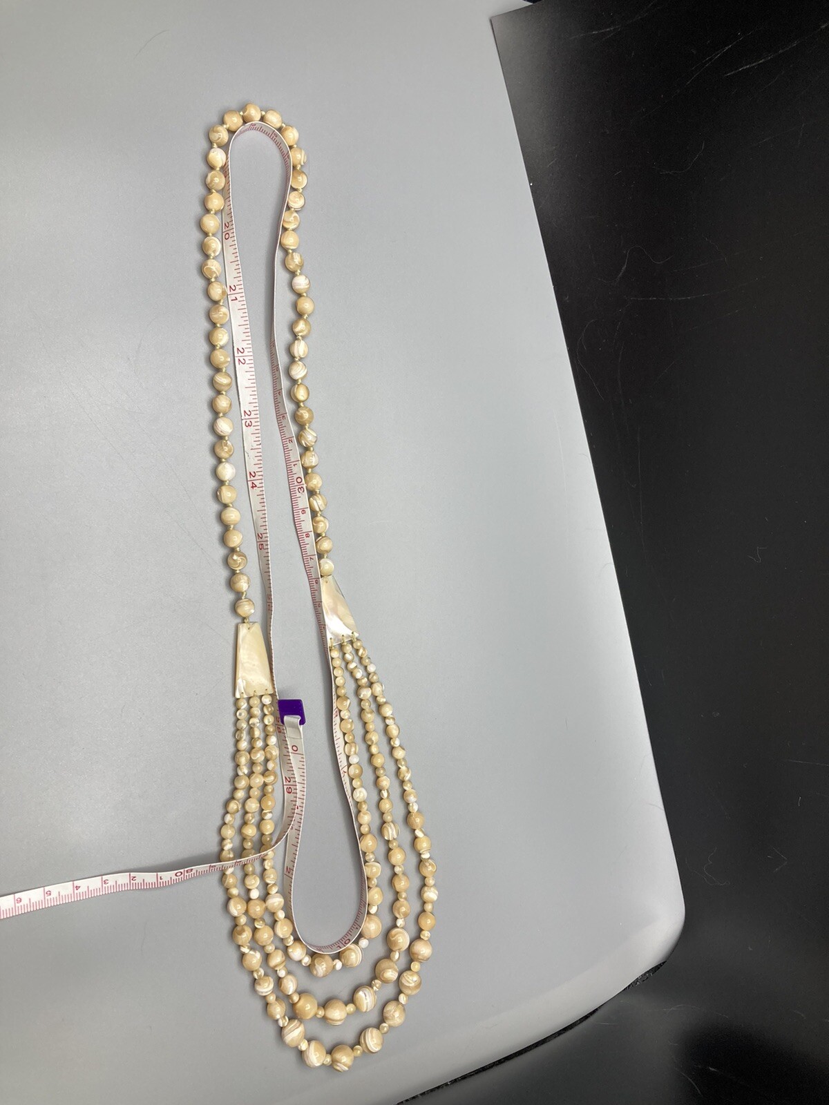 Mother of Pearl Necklace 3 Strand VTG Hand Knotted No Clasp 28.5in 97g 2” Drop