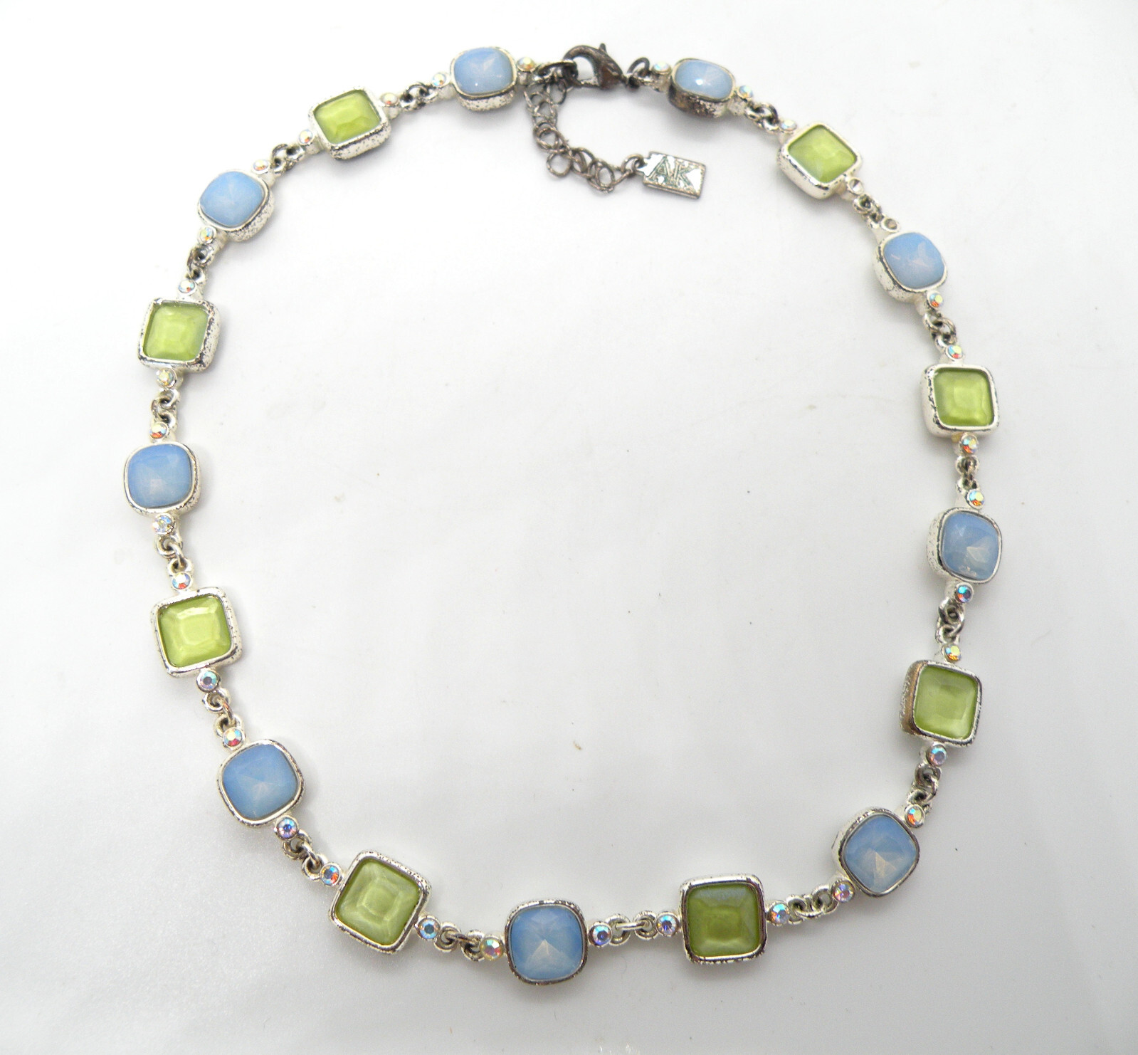 Vtg Anne Klein Signed Blue Green Crystal Silver Pendant Women Necklace – 63b19