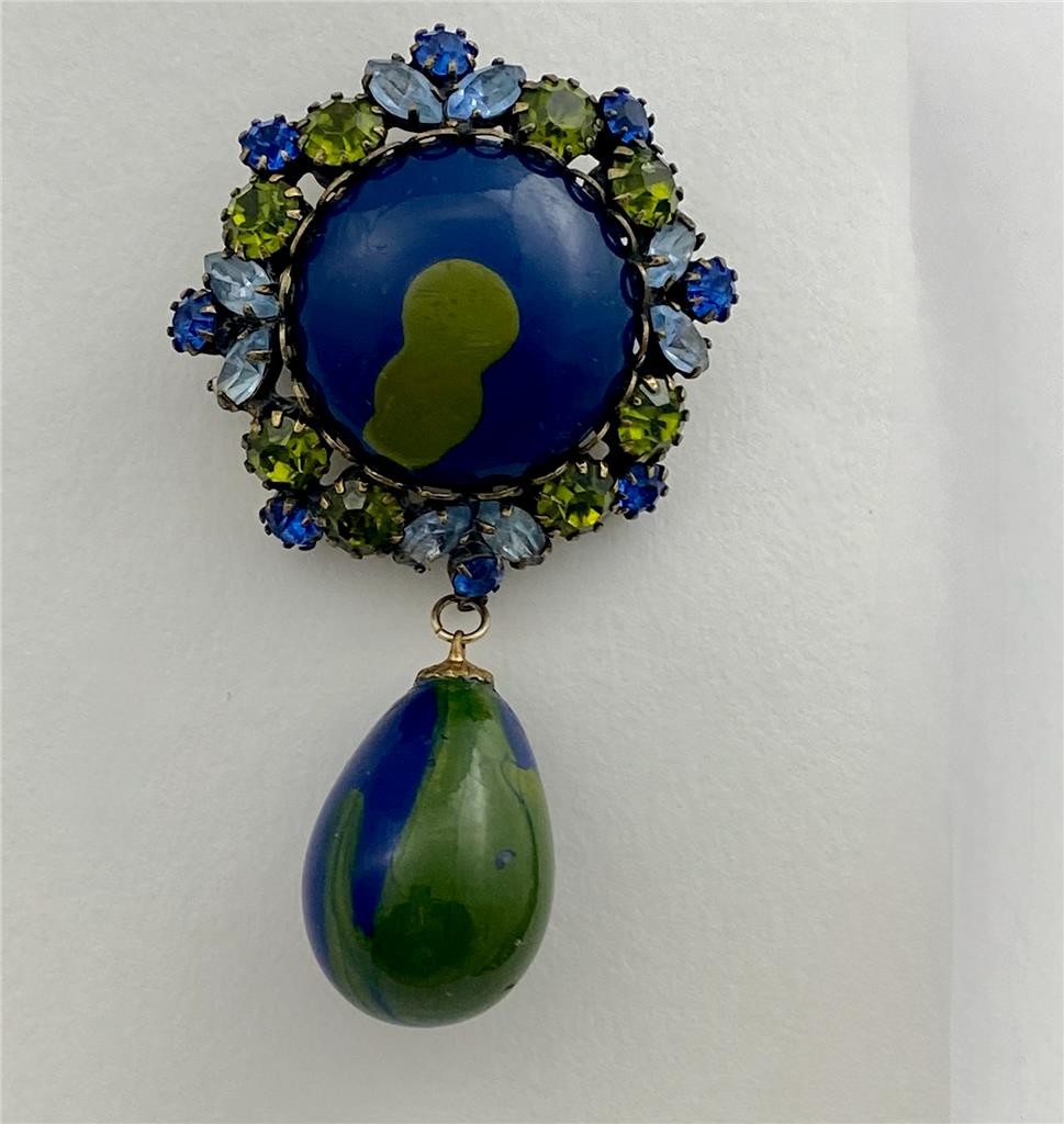 Vintage 60’s Blue / Green Rhinestones & Enamel Drop Dangle Brooch Pin
