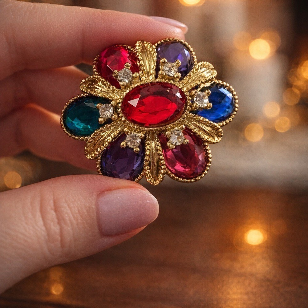 Vintage Multicolor Rhinestone Flower Brooch Gold Tone Statement Retro Jewelry