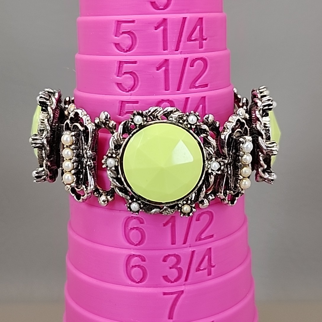 Vintage Bracelet Lime Green Round Bead Faux Pearl Silver Tone Book Chain 6″