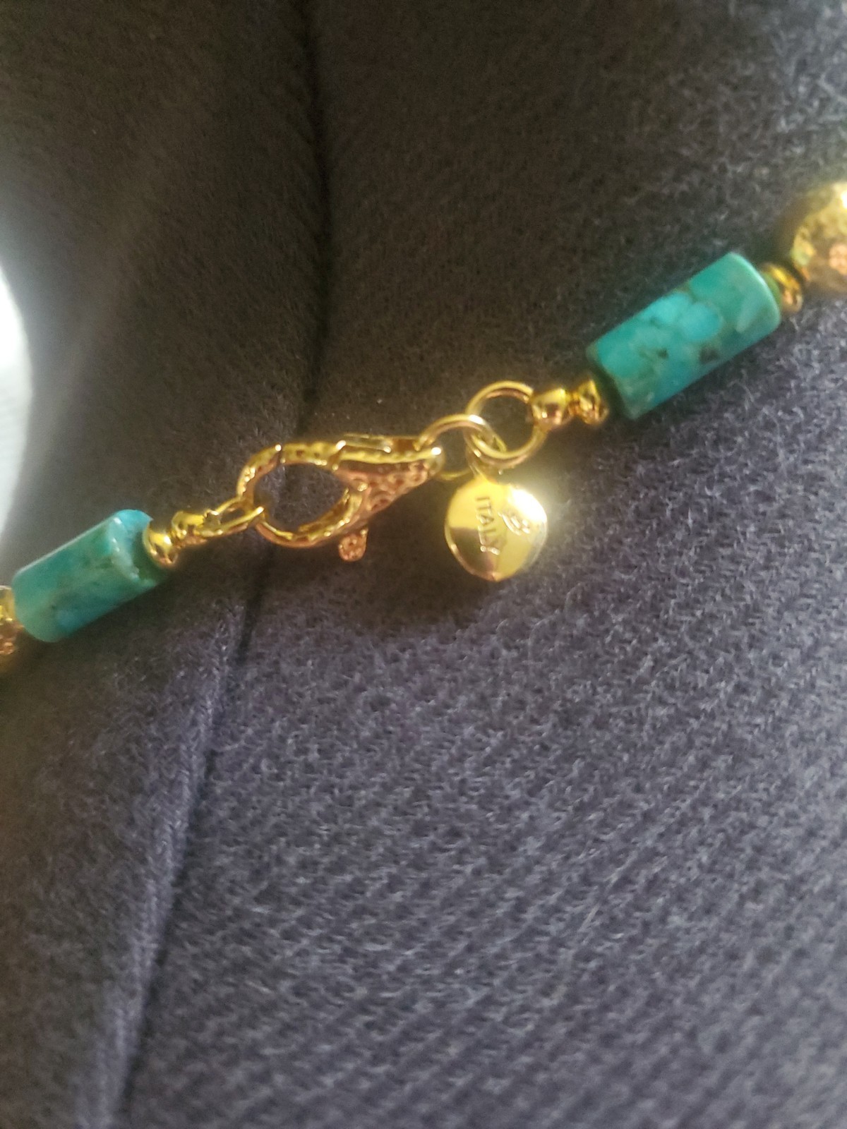Estrusca Vintage Turquoise And Gold Toned Hammered Beaded Necklace Made In Italy
