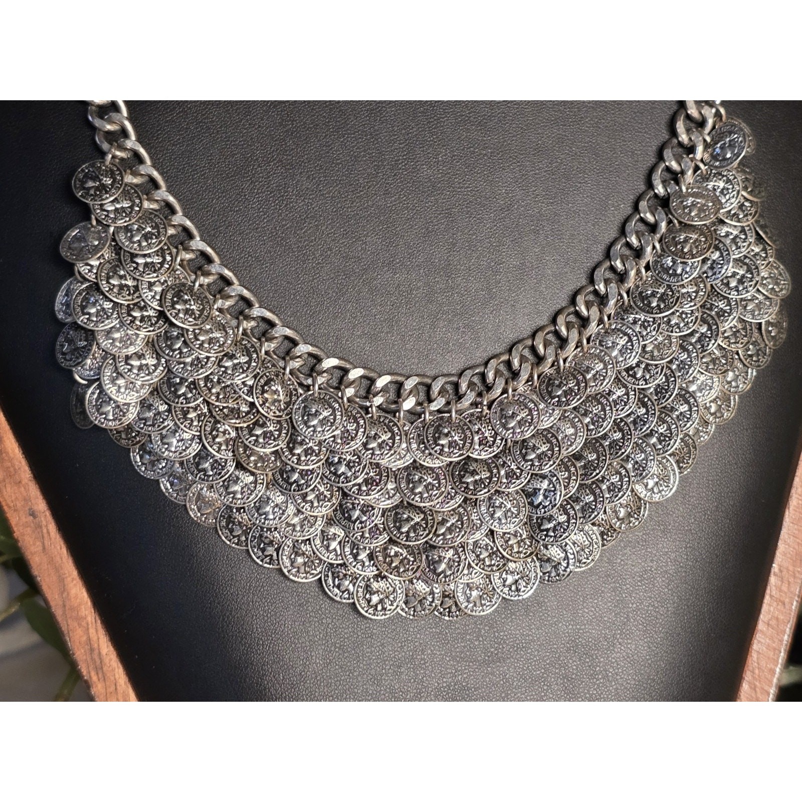 Vintage Faux Coin Chain Link Silver-Tone Statement Necklace Brutalist Adjustable
