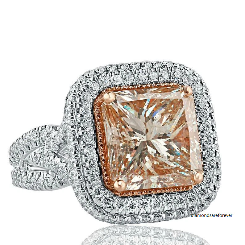 14K White Gold Finish Halo Ring 5Ct Princess Cut Champagne Moissanite Diamond