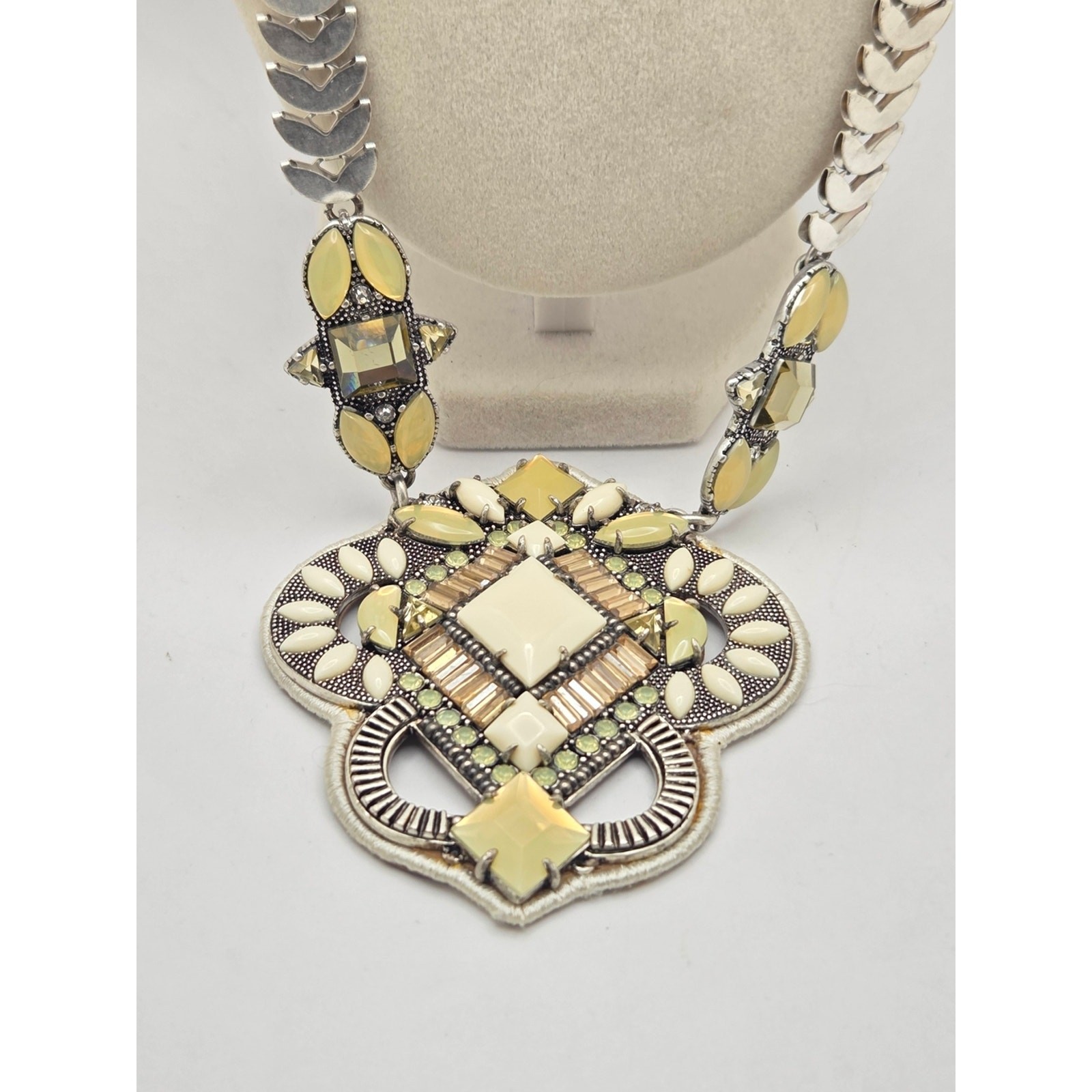 Stella & Dot Statement Necklace Mixed Media Pendant Silver Tone Yellow Cream 24″