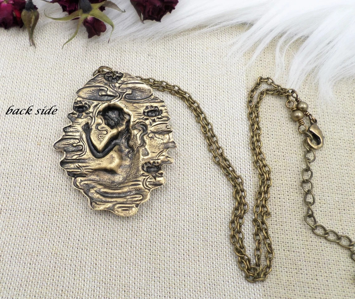 Art Nouveau Water Nymph Necklace: Vintage Style Brass Goddess Pendant with Lotus