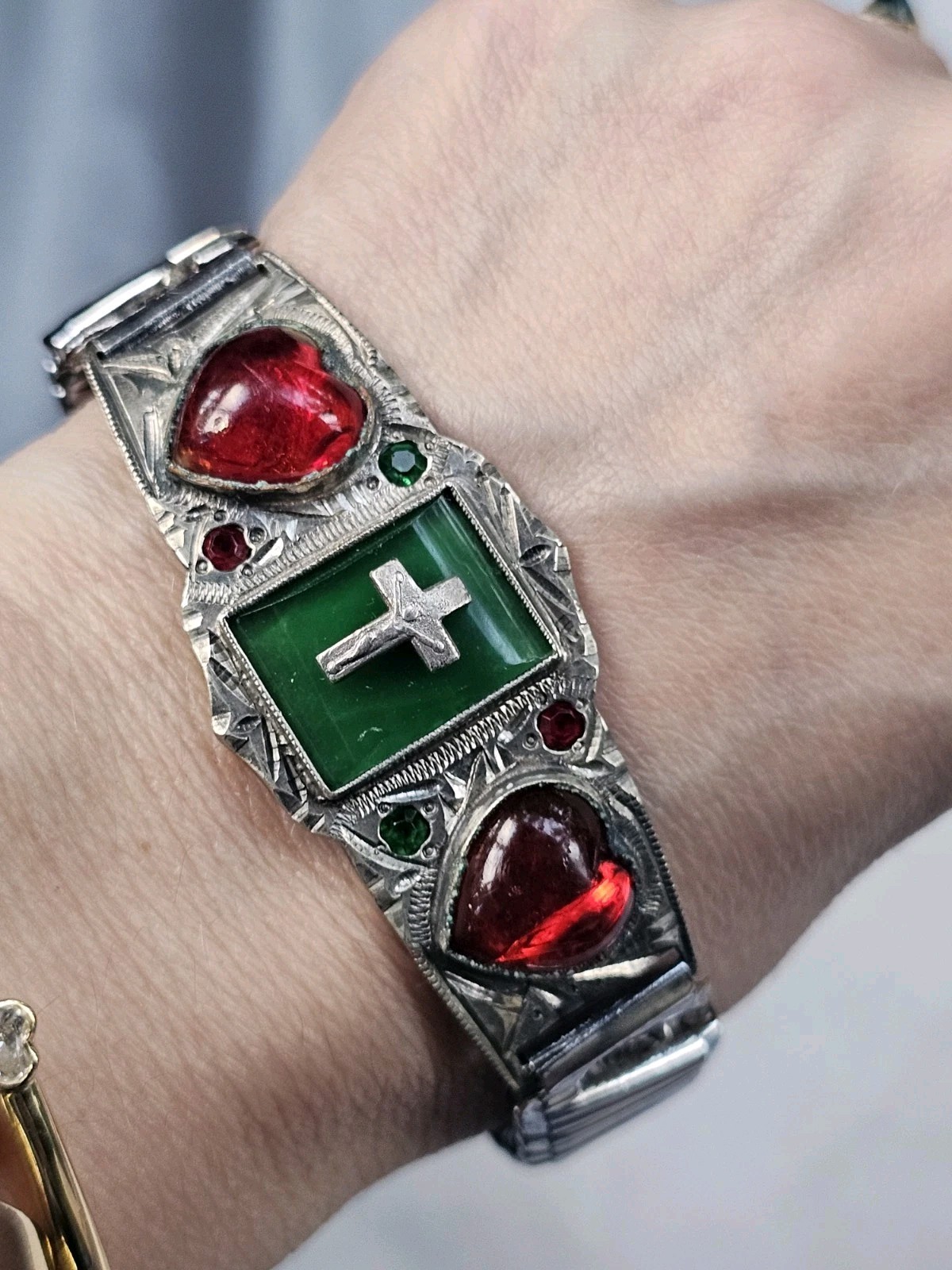 Vintage Silvertone Expanding Bracelet German Silver Sweet Heart Red Glass Cross