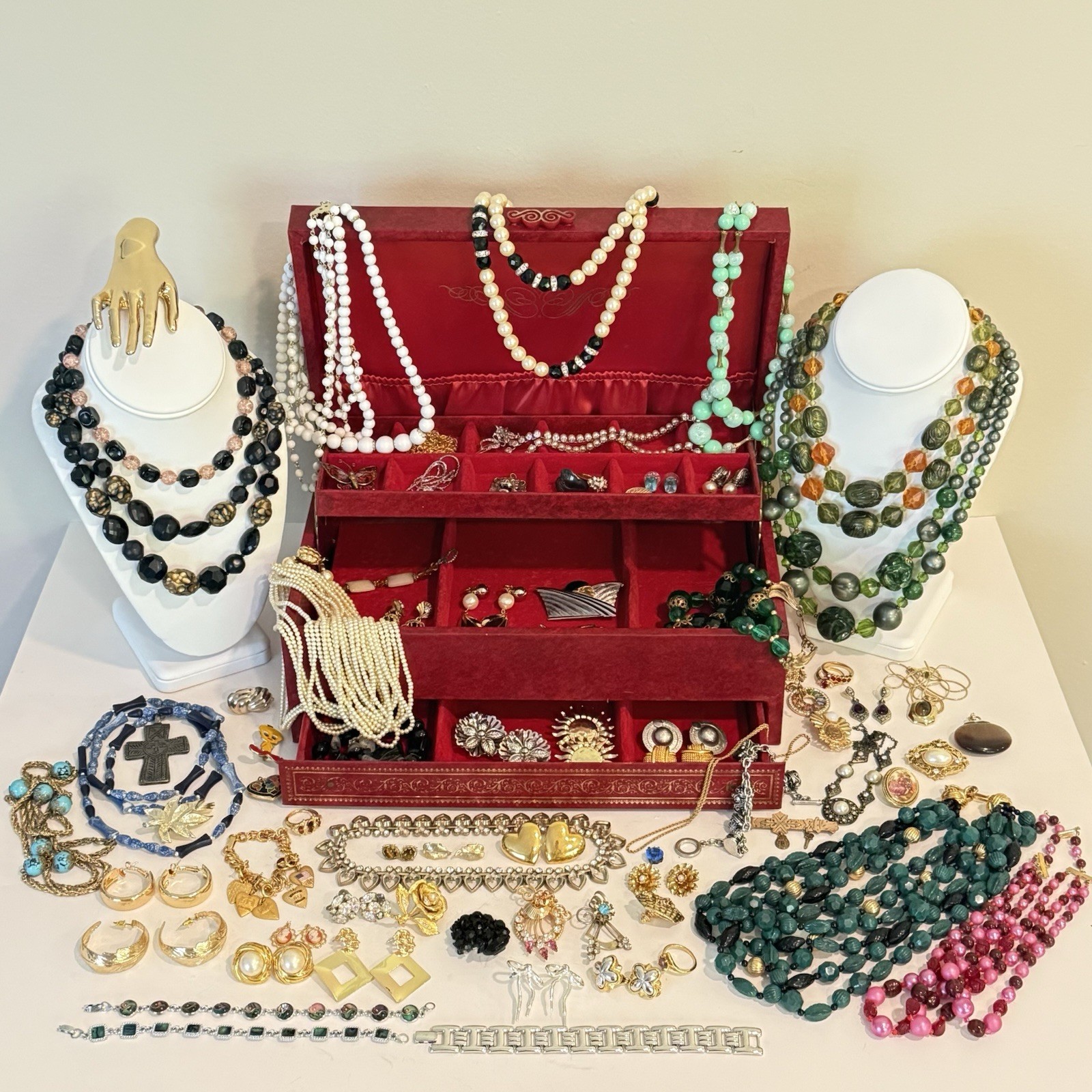 Vintage Estate Jewlery Lot & Box Monet Trifari West Germany Chunky Clip Earrings