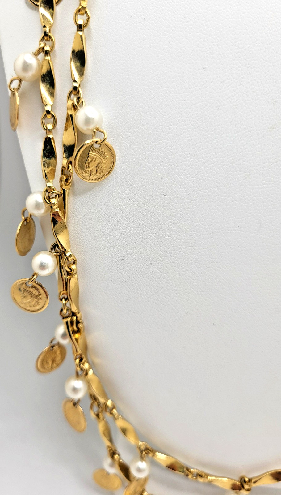 Vintage Dangle Coins & Faux Pearl Necklace Gold Tone Twist Bar Link Chain 54″