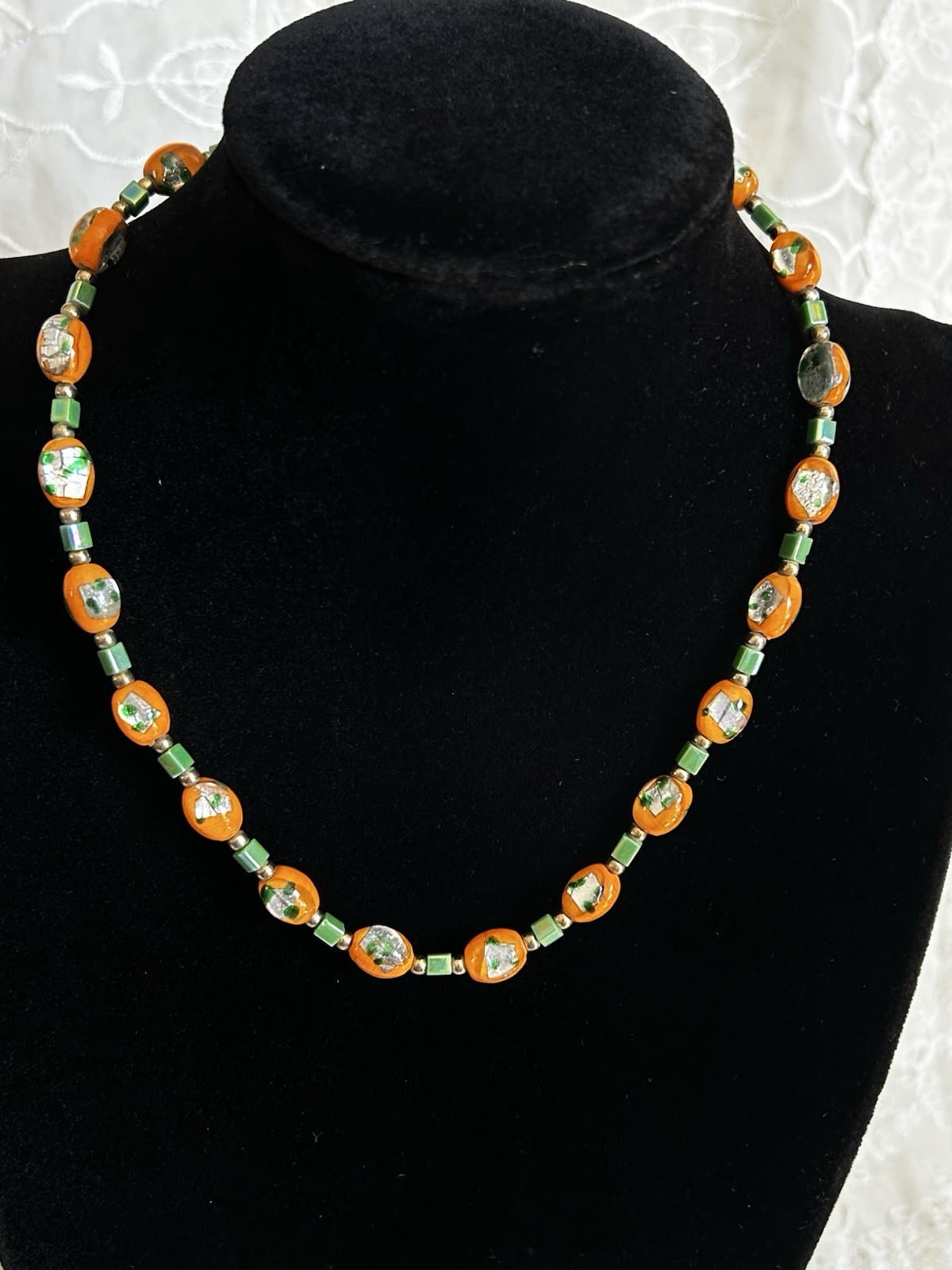 Vintage Orange Foil Art Glass Bead Necklace Green Spacers Murano Style Italy