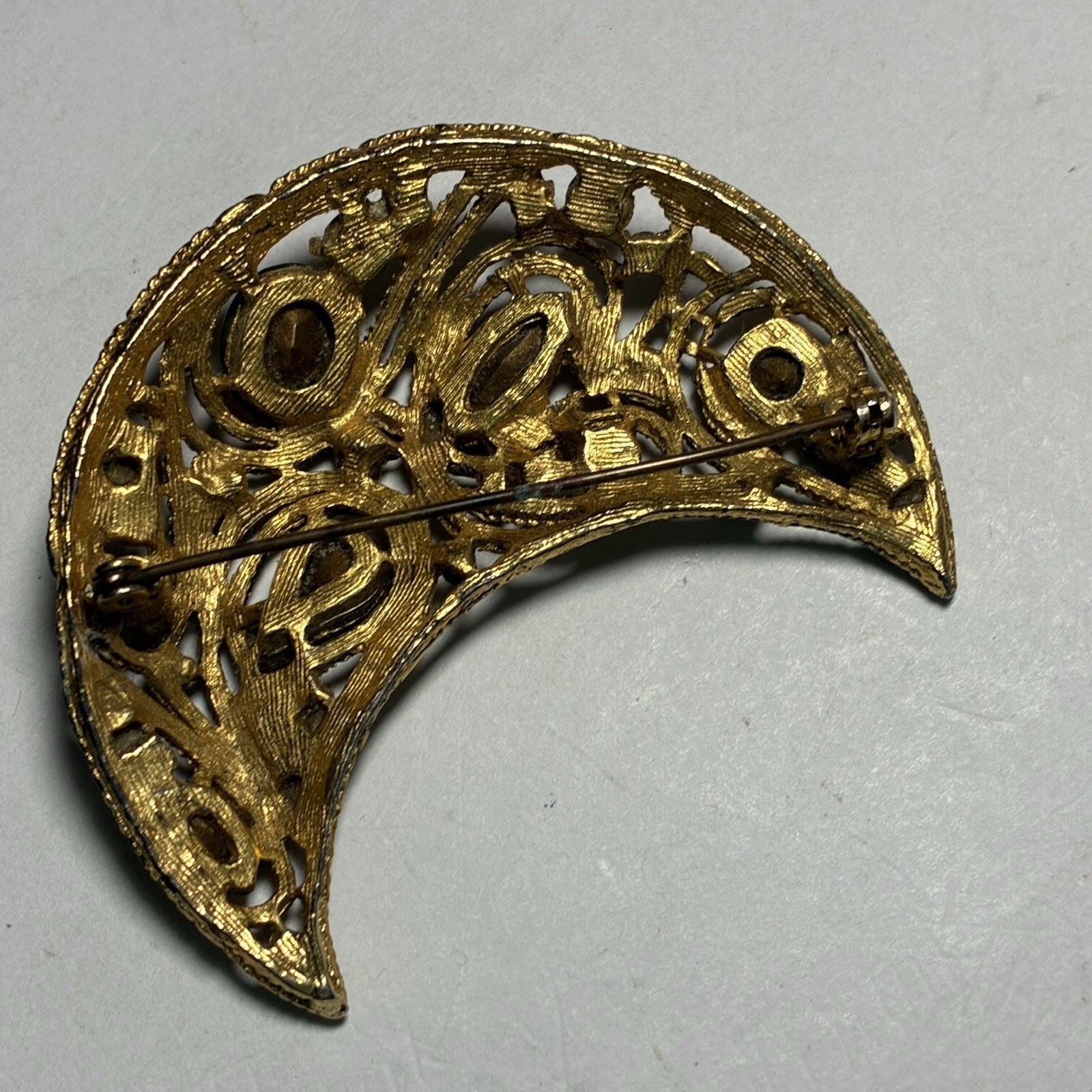 Large Vintage La Roco 1950s Half Moon Crescent Brooch Lapel Pin Faux Amber