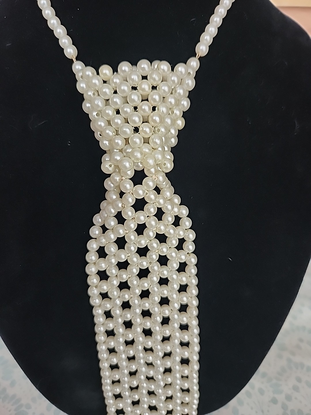 MCM Vintage Faux Pearl Tie Necktie Necklace Hong Kong 18″ Handmade Off White