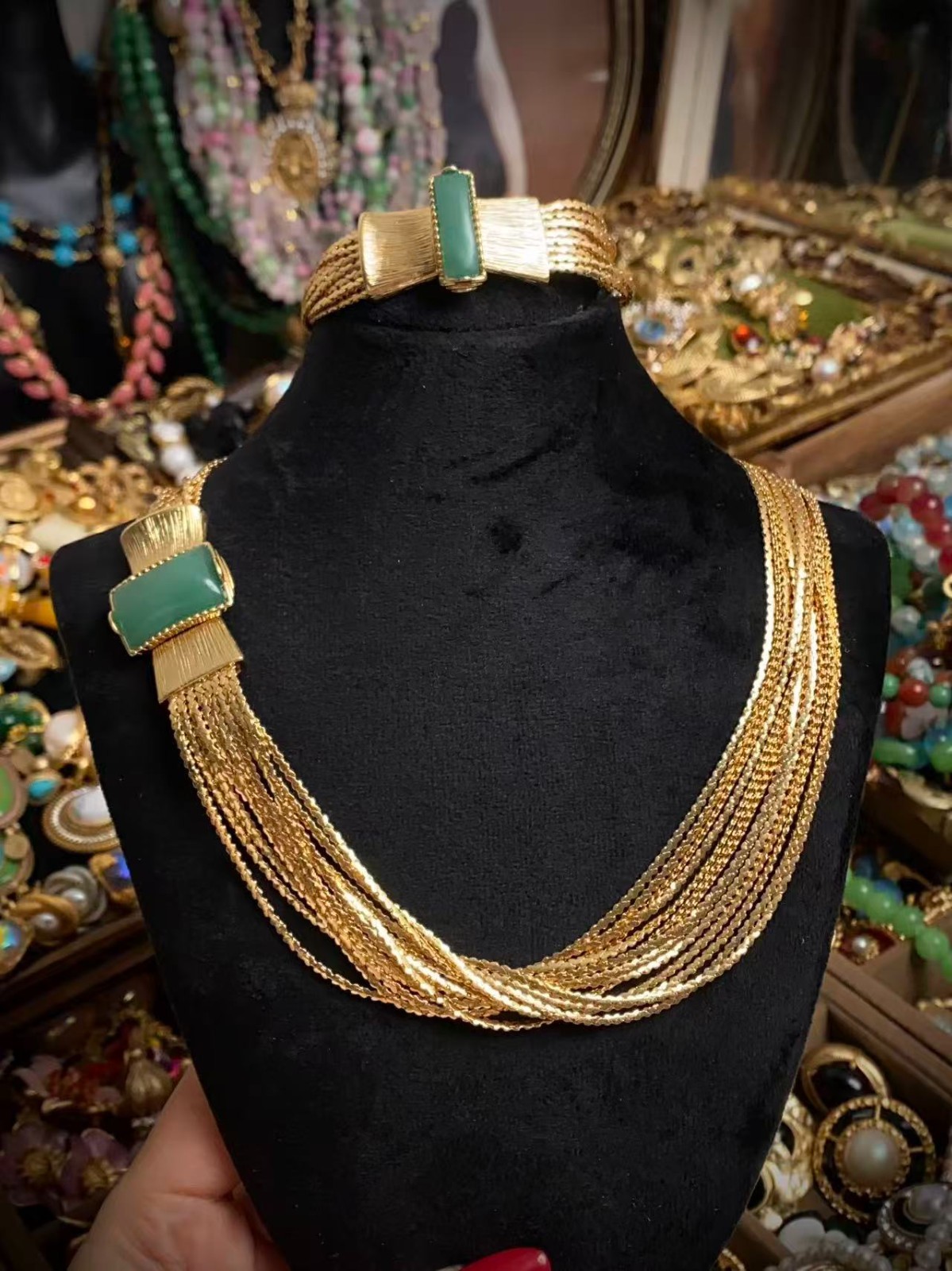 Vintage Style Gold Multi Chain Necklace & Bracelet Green Stone Statement Jewelry