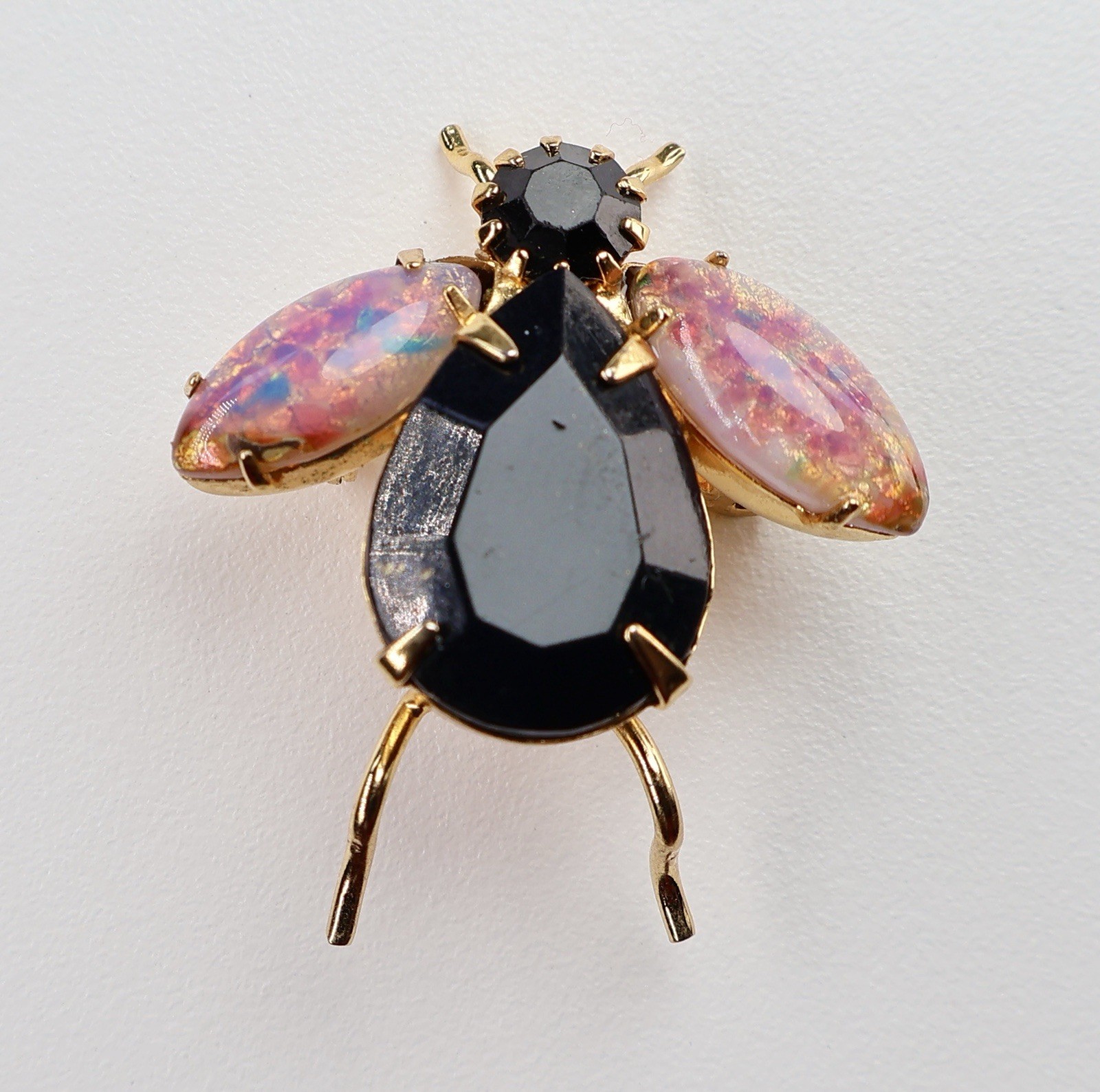 Vintage Bug Brooch Insect Glass Fire Opal Navettes Black Rhinestones Gold Tone