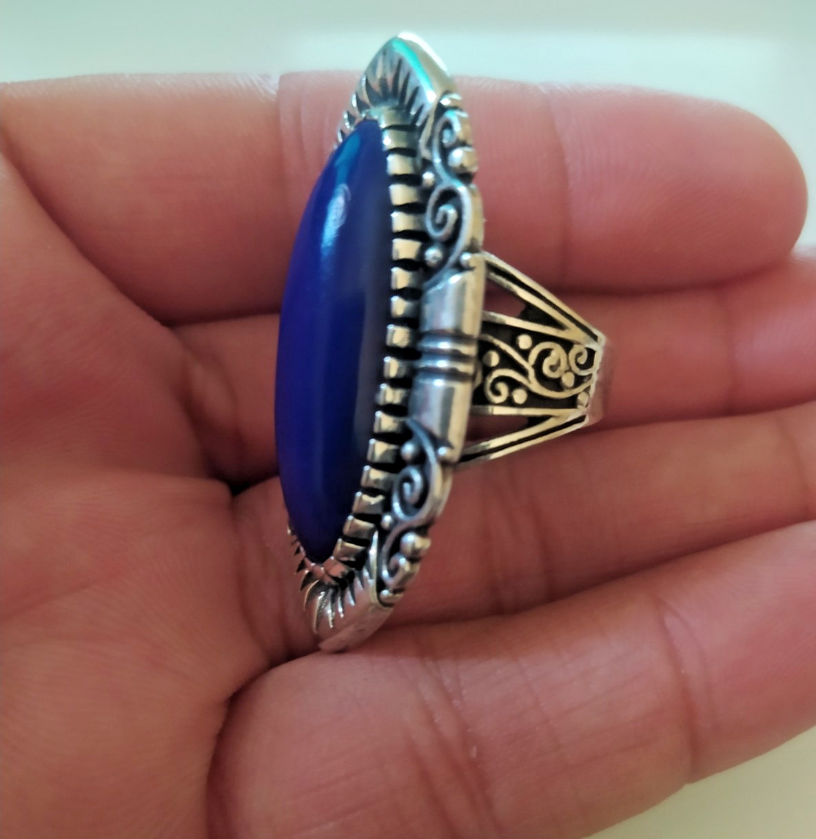 Ancient Vintage Victorian Sterling Silver Ring Blue Lapis lazuli Stone Size 8.5