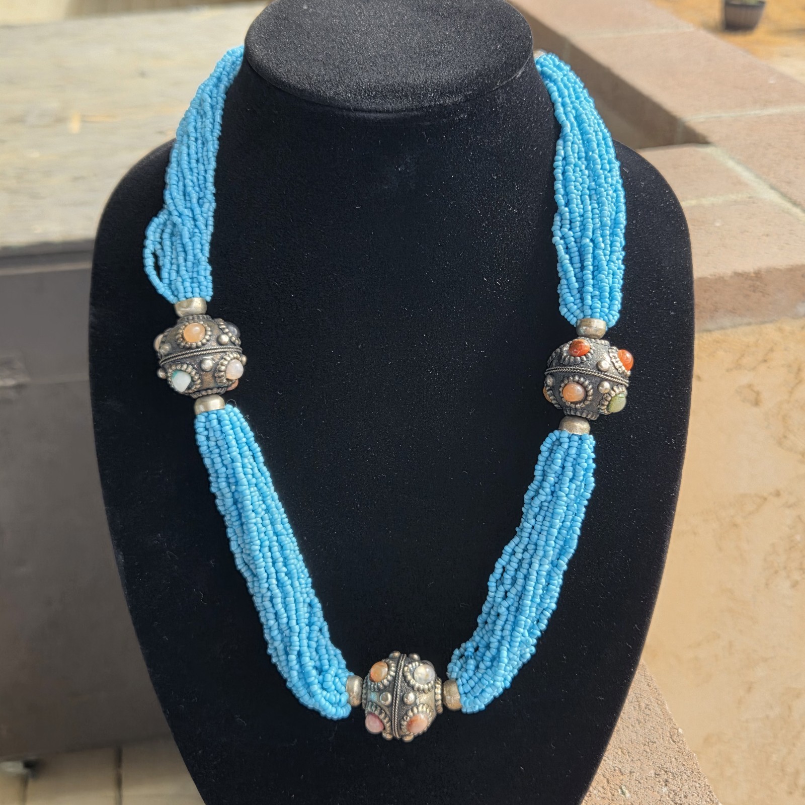 Vtg Tibetan Necklace 25″ Glass Sead Bead 20 Strand Silver Tone Gem Chip Orbs