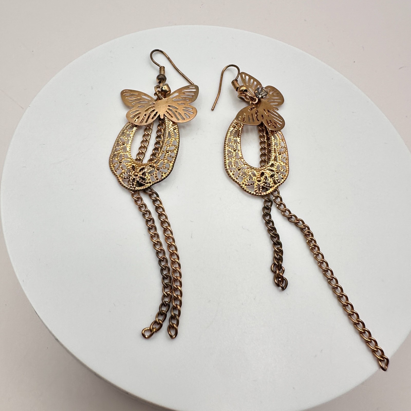 Vintage 90s Gold Tone Butterfly Filigree Dangle Earrings Women’s Classic Jewelry