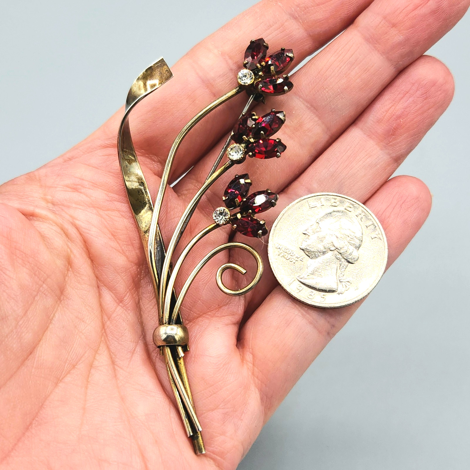 Retro Gold Wash Sterling Silver Siam Red Marquise Glass Flower Bouquet Brooch