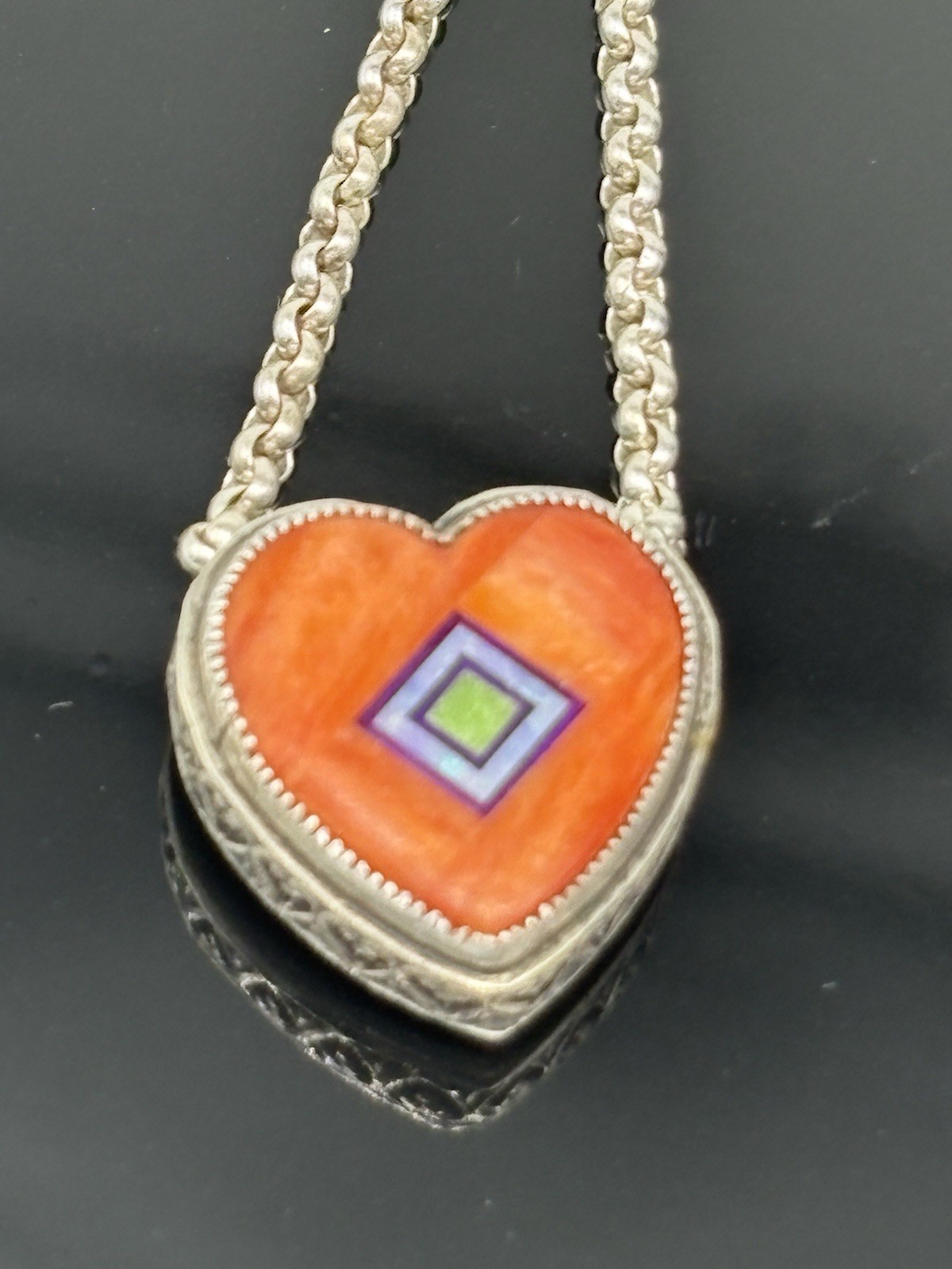 Aldrich Art Jewelry Necklace Orange Heart Inlay Sterling Silver Vintage 18″