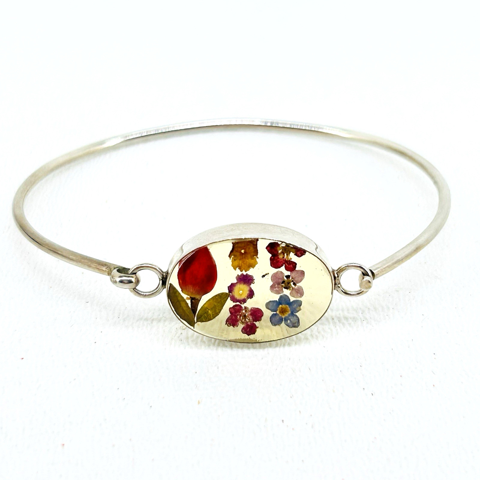 ATI Mexico 925 Sterling Artisan Oval Central Resin Dry Floral Charm Bracelet 6″