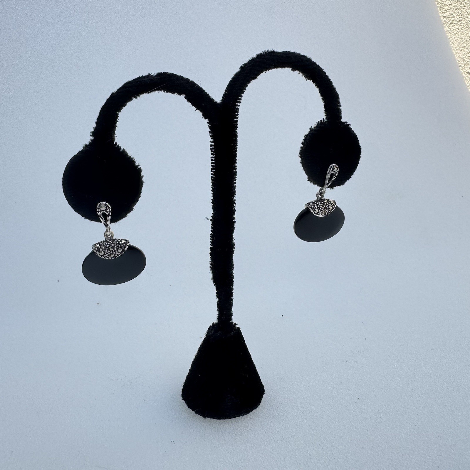 Vintage 925 Sterling Silver Black Onyx Marcasite Dangle Earrings Signed R