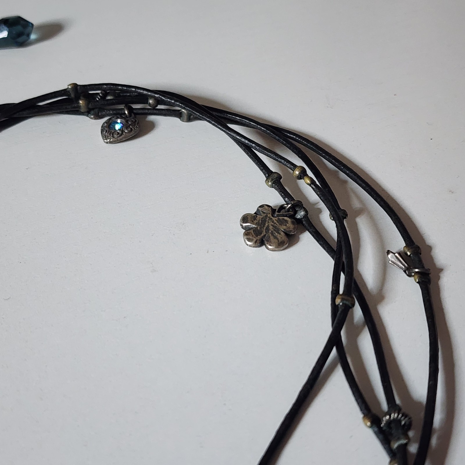 Vintage Van Galz Black Leather Multi Strand Necklace Blue Crystals Heart Charms
