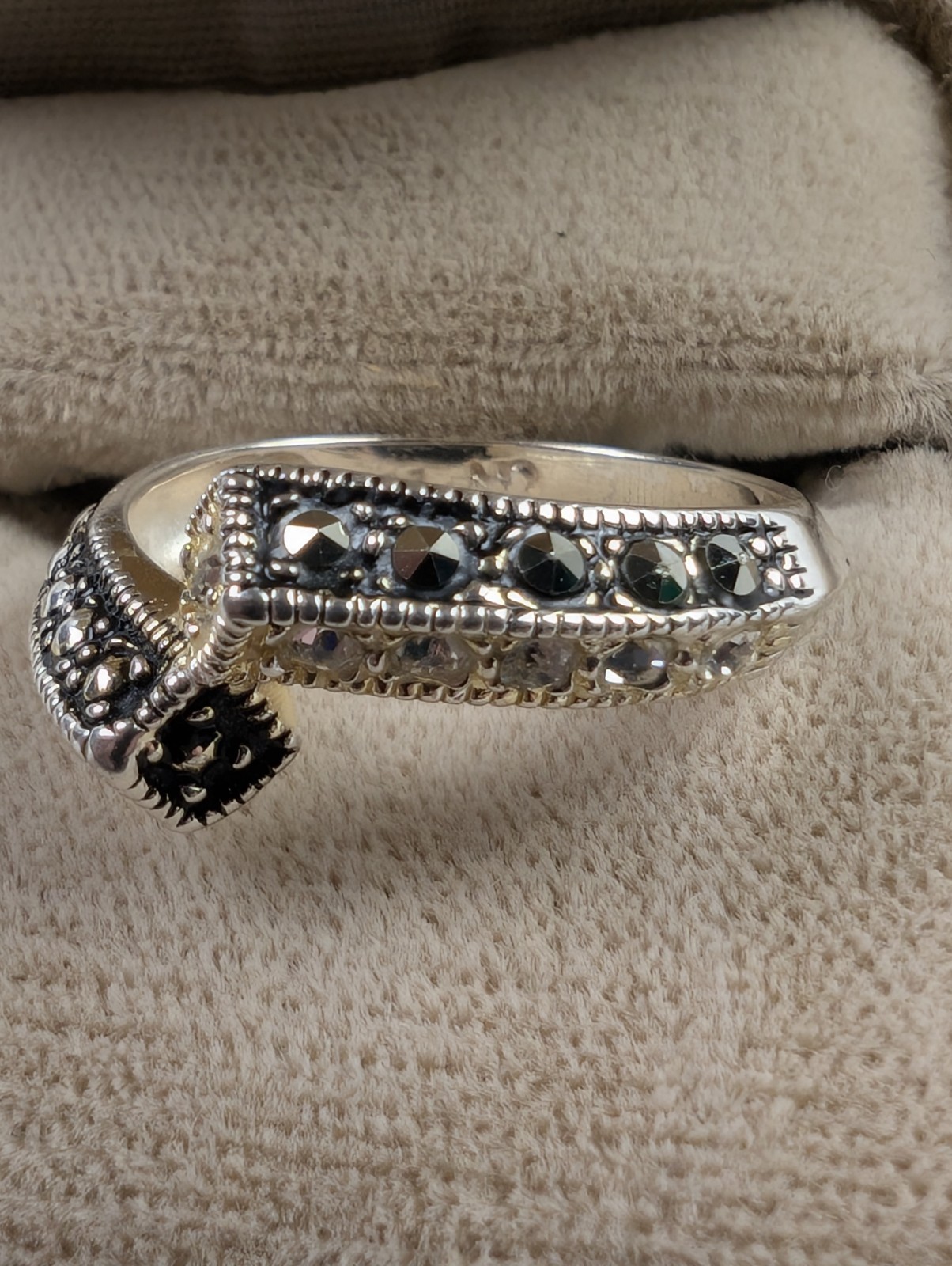 Charles Winston CW Sterling Silver Marcasite CZ Two Toned Bypass Ring Sz 7.5
