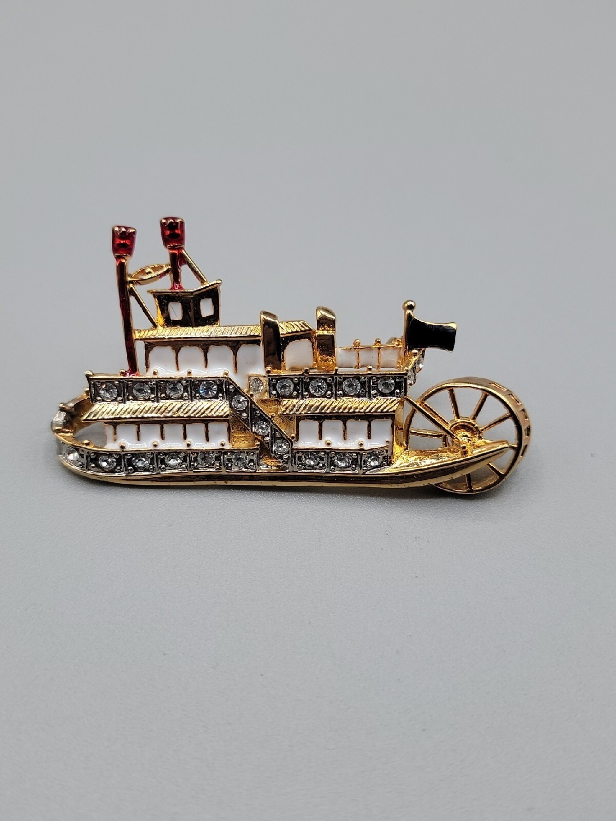 Vintage L-S Louis Stern Steamboat Brooch Pin Rhinestone Studded Gold Tone Estate